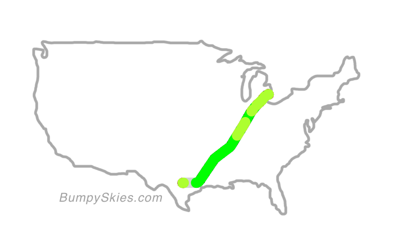 Map of continental US with illustrated flight path and turbulence forecast (described in text below)