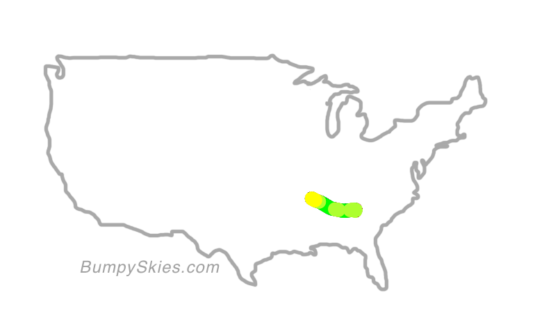 Map of continental US with illustrated flight path and turbulence forecast (described in text below)