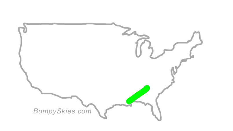 Map of continental US with illustrated flight path and turbulence forecast (described in text below)
