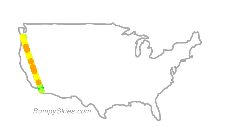 Map of continental US with illustrated flight path and turbulence forecast (described in text below)