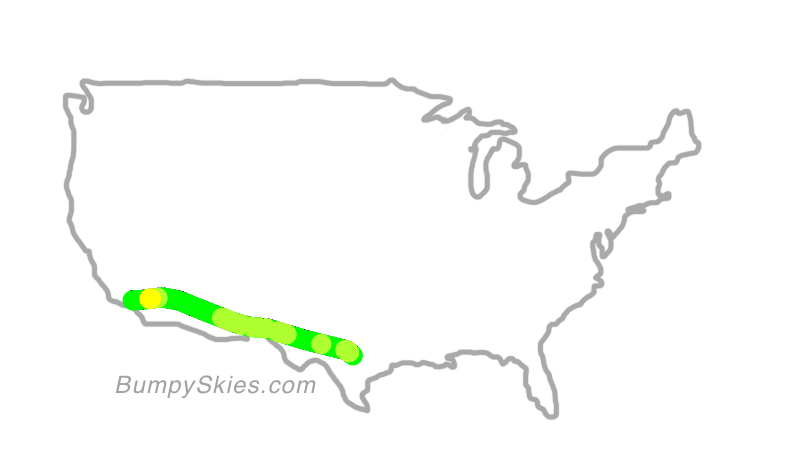 Map of continental US with illustrated flight path and turbulence forecast (described in text below)