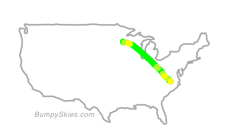 Map of continental US with illustrated flight path and turbulence forecast (described in text below)