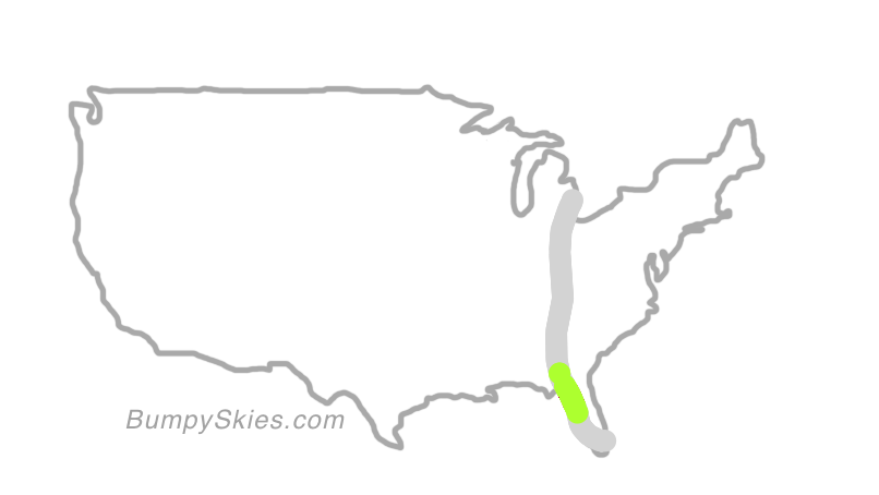 Map of continental US with illustrated flight path and turbulence forecast (described in text below)
