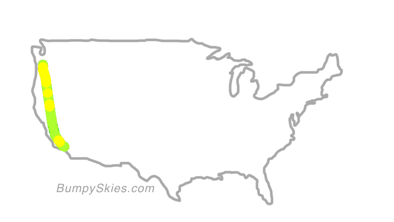 Map of continental US with illustrated flight path and turbulence forecast (described in text below)