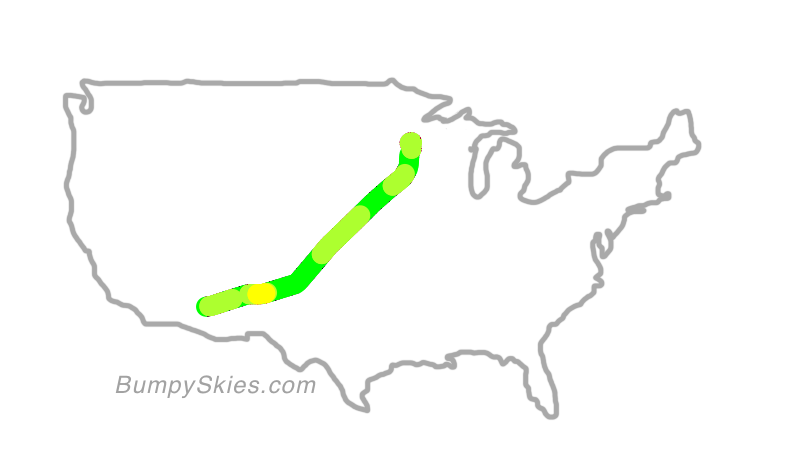 Map of continental US with illustrated flight path and turbulence forecast (described in text below)