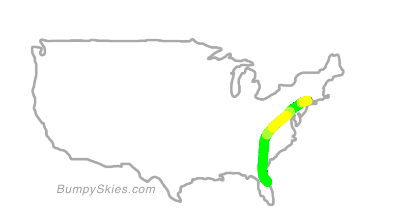 Map of continental US with illustrated flight path and turbulence forecast (described in text below)