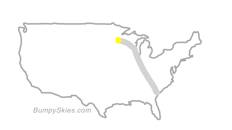 Map of continental US with illustrated flight path and turbulence forecast (described in text below)