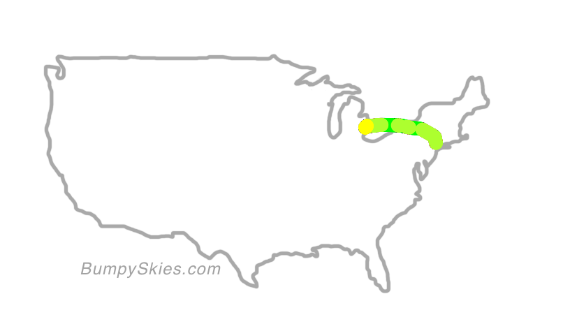 Map of continental US with illustrated flight path and turbulence forecast (described in text below)