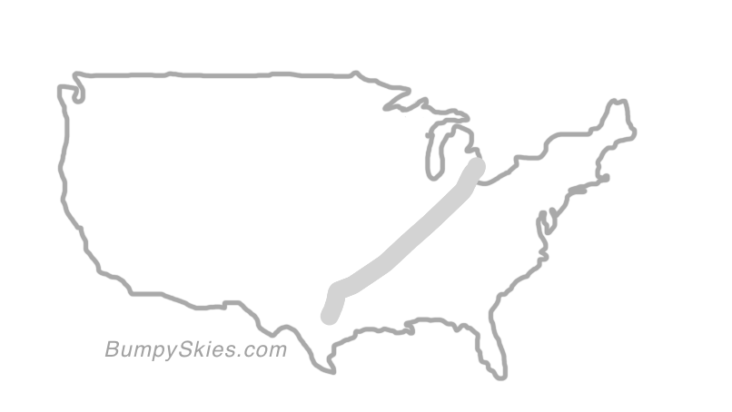 Map of continental US with illustrated flight path and turbulence forecast (described in text below)