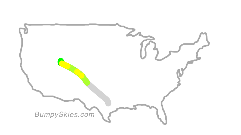 Map of continental US with illustrated flight path and turbulence forecast (described in text below)