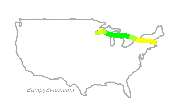 Map of continental US with illustrated flight path and turbulence forecast (described in text below)