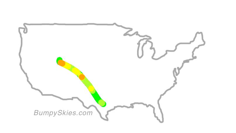 Map of continental US with illustrated flight path and turbulence forecast (described in text below)