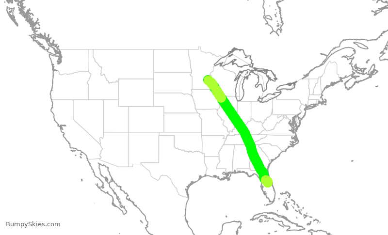 Turbulence forecast map for DAL2593, MSP to MCO