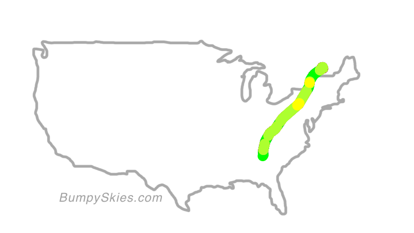 Map of continental US with illustrated flight path and turbulence forecast (described in text below)