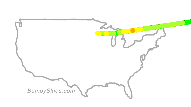 Map of continental US with illustrated flight path and turbulence forecast (described in text below)