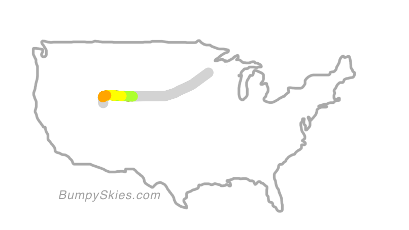 Map of continental US with illustrated flight path and turbulence forecast (described in text below)