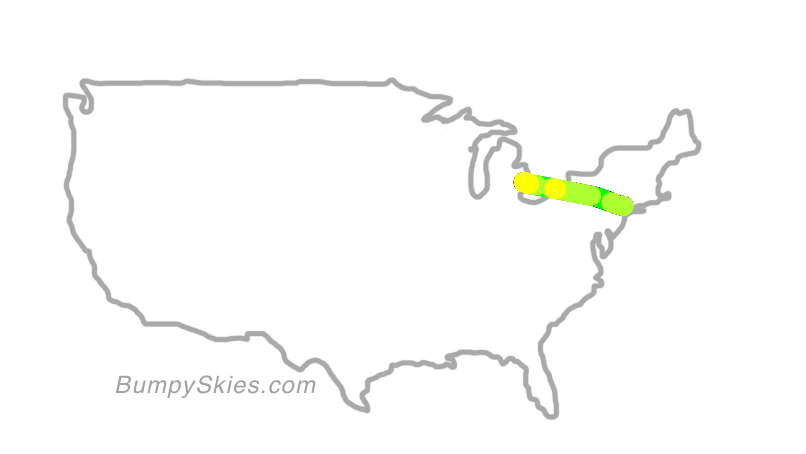 Map of continental US with illustrated flight path and turbulence forecast (described in text below)
