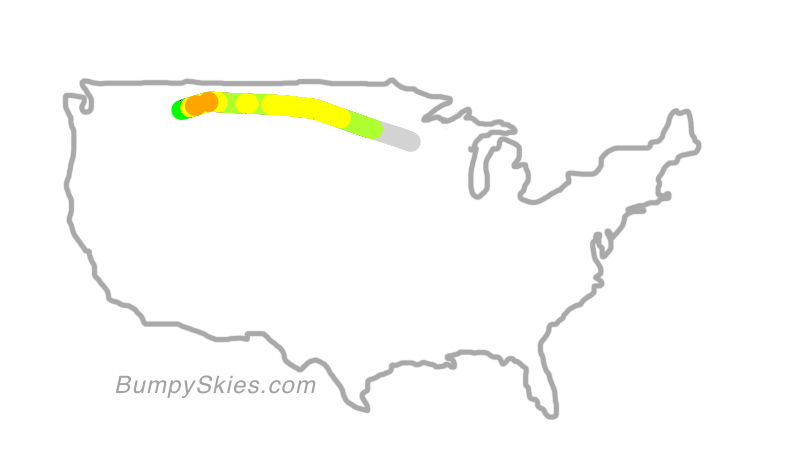 Map of continental US with illustrated flight path and turbulence forecast (described in text below)