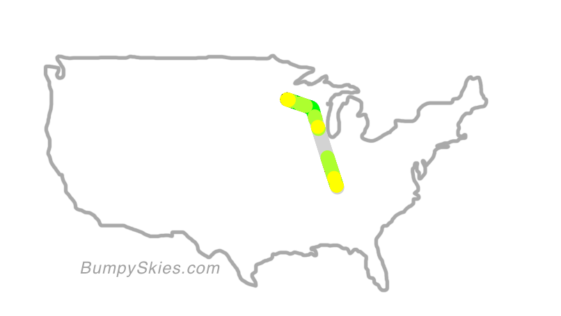Map of continental US with illustrated flight path and turbulence forecast (described in text below)