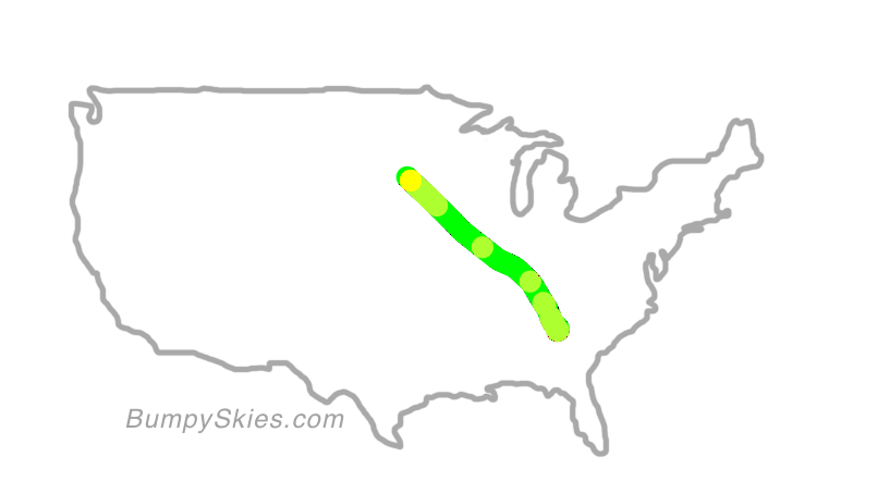 Map of continental US with illustrated flight path and turbulence forecast (described in text below)