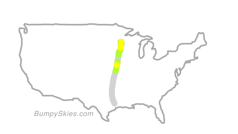 Map of continental US with illustrated flight path and turbulence forecast (described in text below)