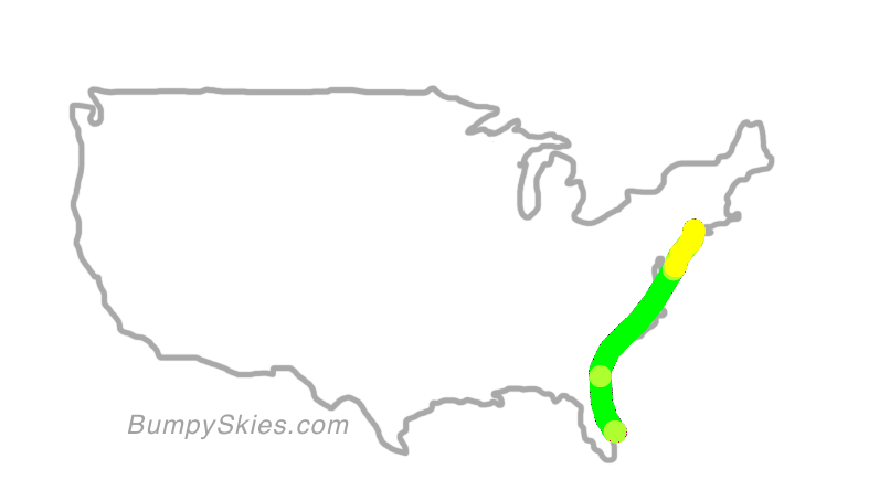 Map of continental US with illustrated flight path and turbulence forecast (described in text below)