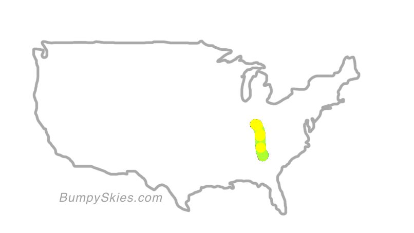 Map of continental US with illustrated flight path and turbulence forecast (described in text below)