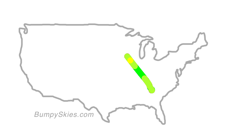 Map of continental US with illustrated flight path and turbulence forecast (described in text below)