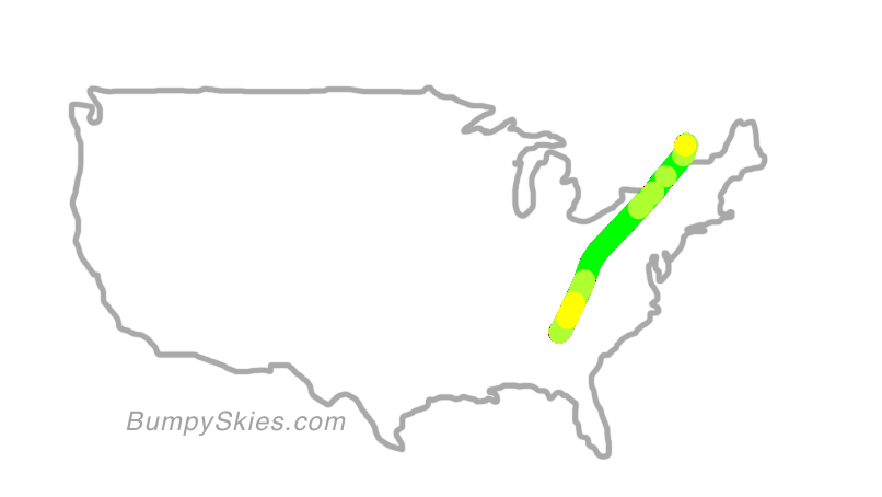 Map of continental US with illustrated flight path and turbulence forecast (described in text below)