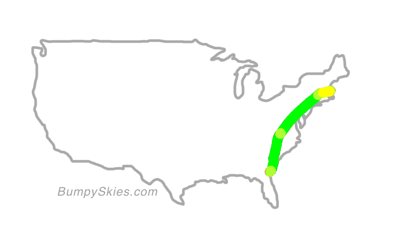 Map of continental US with illustrated flight path and turbulence forecast (described in text below)