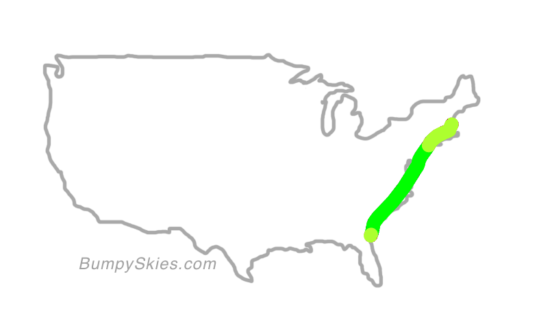 Map of continental US with illustrated flight path and turbulence forecast (described in text below)