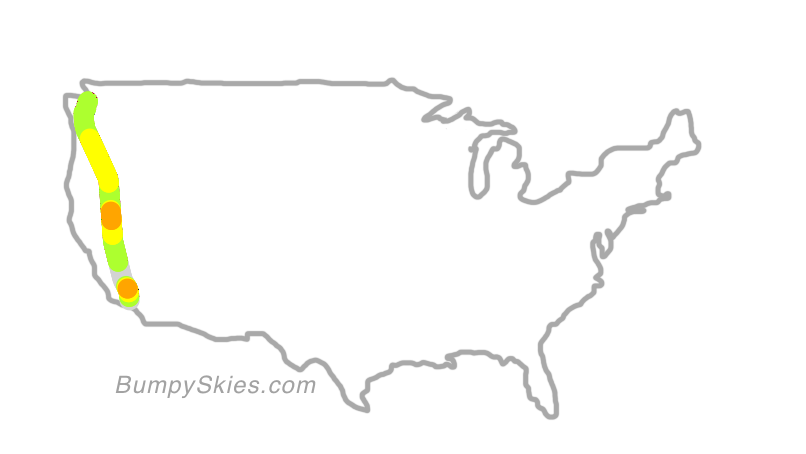 Map of continental US with illustrated flight path and turbulence forecast (described in text below)