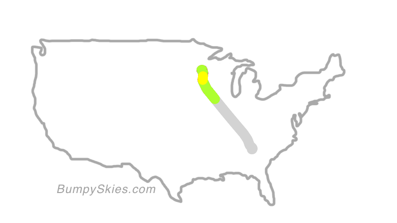 Map of continental US with illustrated flight path and turbulence forecast (described in text below)