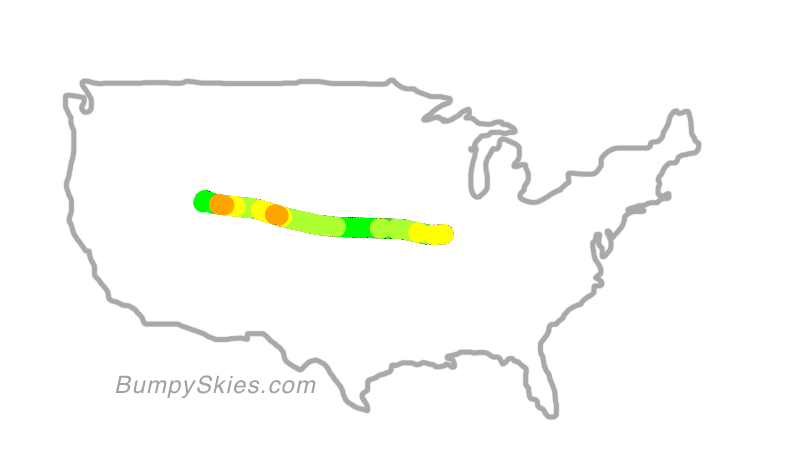 Map of continental US with illustrated flight path and turbulence forecast (described in text below)