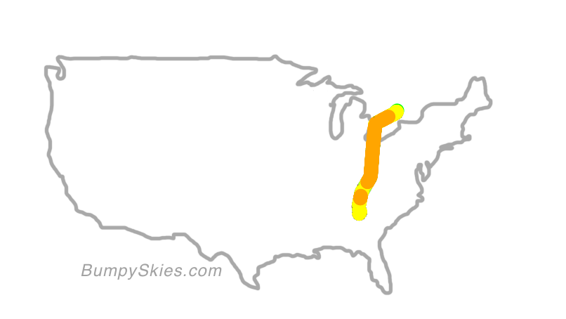 Map of continental US with illustrated flight path and turbulence forecast (described in text below)
