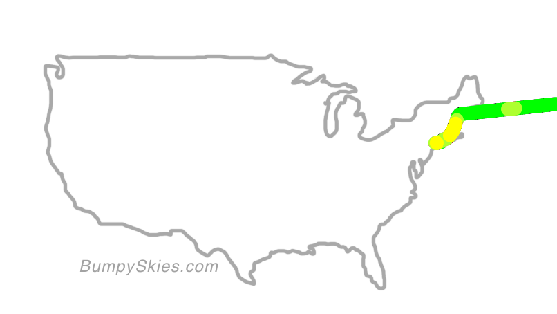 Map of continental US with illustrated flight path and turbulence forecast (described in text below)