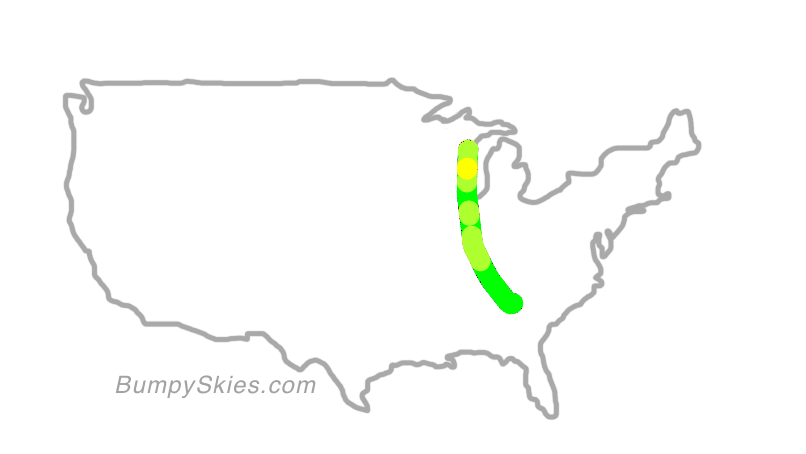 Map of continental US with illustrated flight path and turbulence forecast (described in text below)