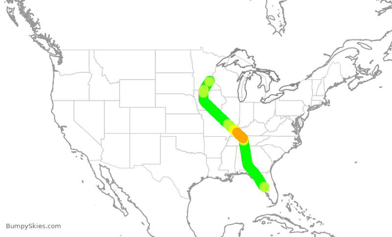 Turbulence forecast map for DAL2696, MSP to TPA