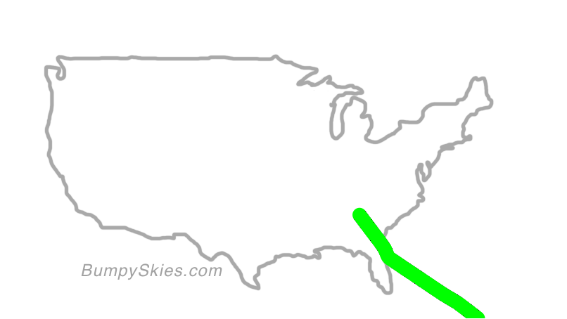 Map of continental US with illustrated flight path and turbulence forecast (described in text below)