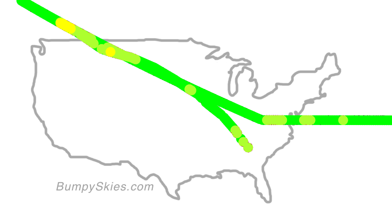 Map of continental US with illustrated flight path and turbulence forecast (described in text below)