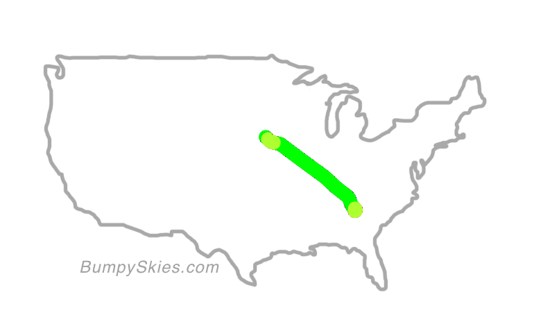 Map of continental US with illustrated flight path and turbulence forecast (described in text below)