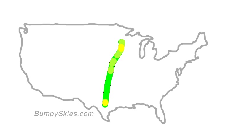 Map of continental US with illustrated flight path and turbulence forecast (described in text below)