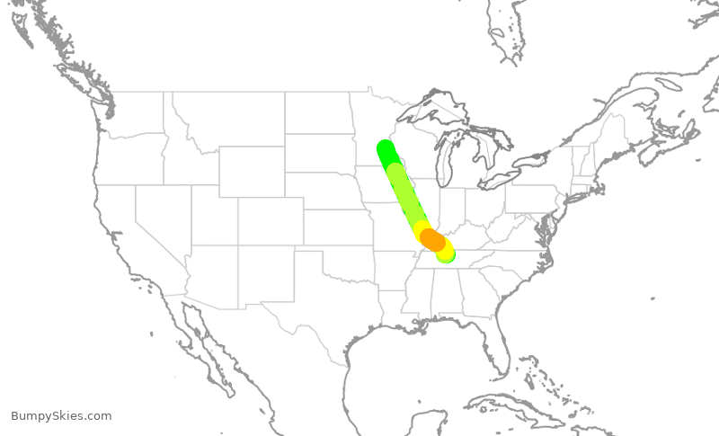Turbulence forecast map for DAL2724, MSP to BNA