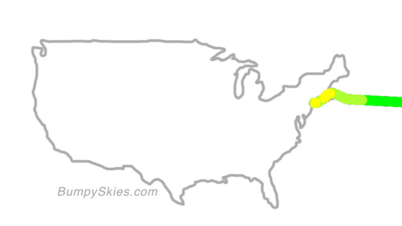 Map of continental US with illustrated flight path and turbulence forecast (described in text below)