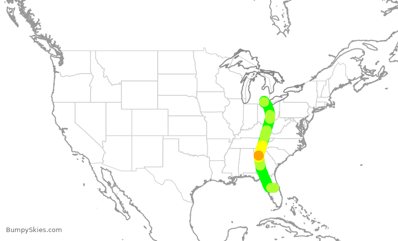 Turbulence forecast map for DAL2742, MCO to DTW