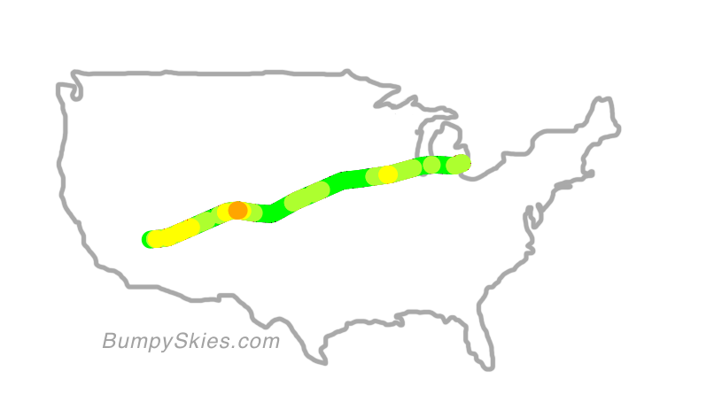 Map of continental US with illustrated flight path and turbulence forecast (described in text below)