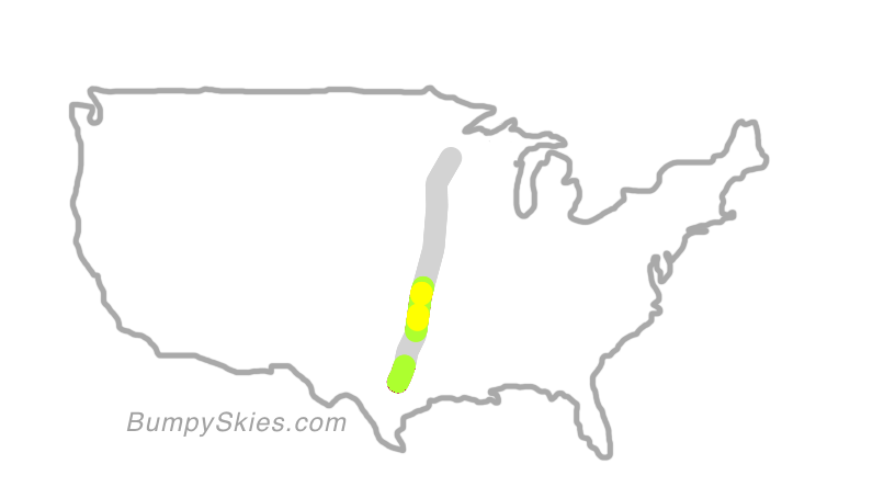 Map of continental US with illustrated flight path and turbulence forecast (described in text below)