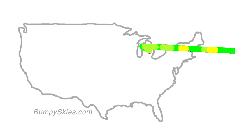 Map of continental US with illustrated flight path and turbulence forecast (described in text below)