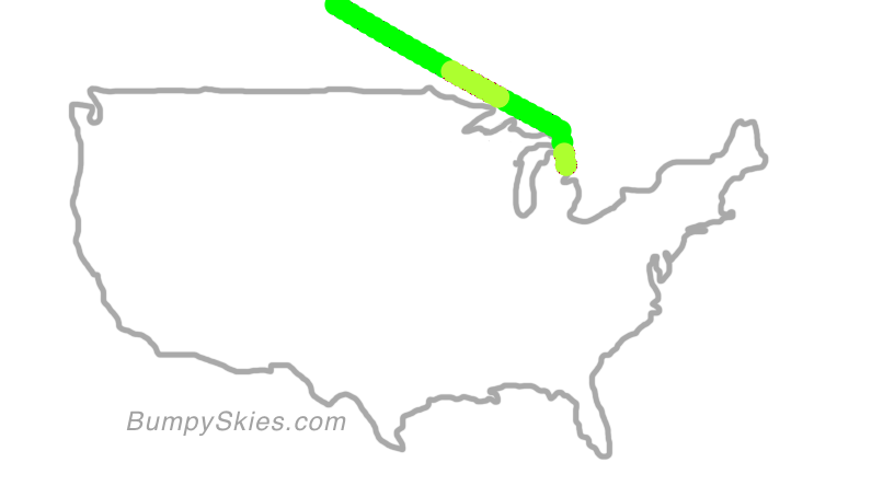 Map of continental US with illustrated flight path and turbulence forecast (described in text below)