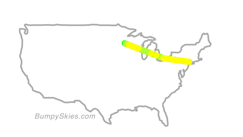 Map of continental US with illustrated flight path and turbulence forecast (described in text below)